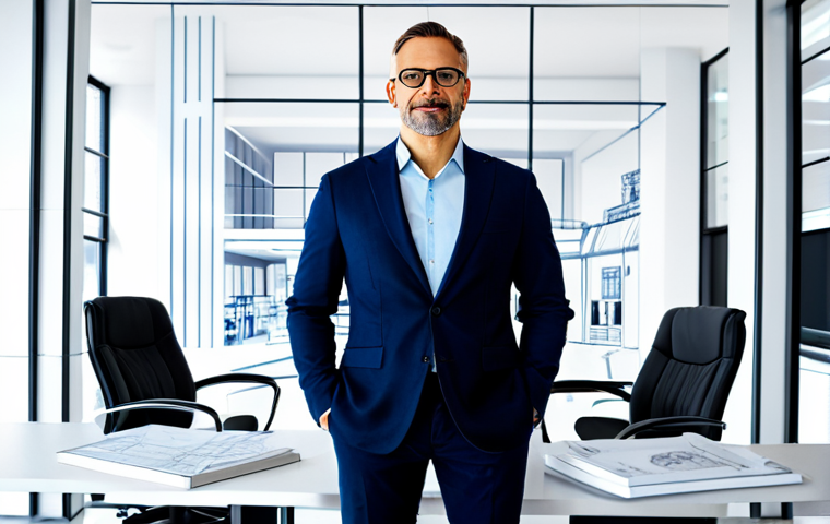 Modern Architect**
"A professional architect, fully clothed in a stylish and appropriate outfit, standing in a bright, modern architectural office. Background includes blueprints and architectural models. Safe for work, appropriate content, perfect anatomy, natural pose, professional, high quality, well-formed hands, proper finger count, natural body proportions."
**